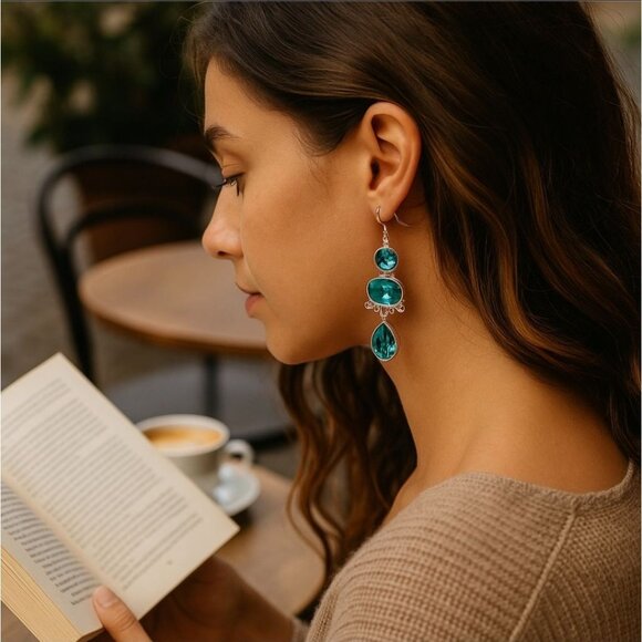 Paraiba Tourmaline ✦ 3-Stone Drop Earrings ✦ Sterling Silver Handmade Statement - Picture 5 of 11